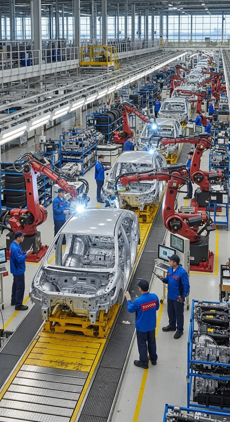 Linha de montagem automotiva com operários trabalhando